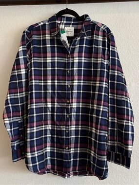 NWT JACHS Girlfriend Navy, Purple & White Plaid Button-Down Shirt With Pockets